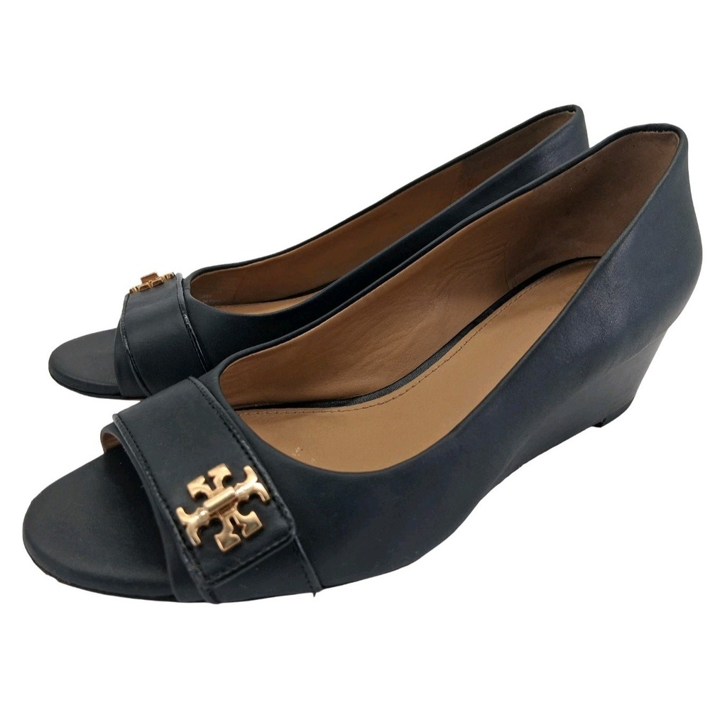Tory Burch Wedge Pumps Womens Size 7 Black Leather Peep Toe Heels Shoes